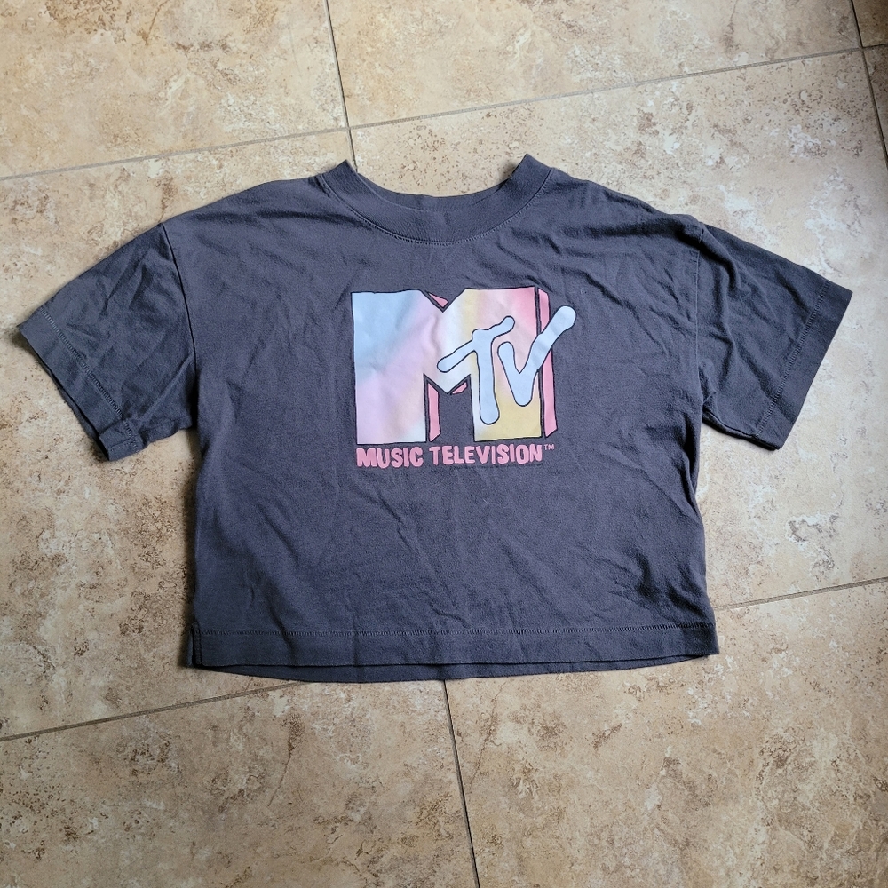 MTV Grey Short Crop Top Multicolor Logo Graphic T-Shirt SZ Teen L